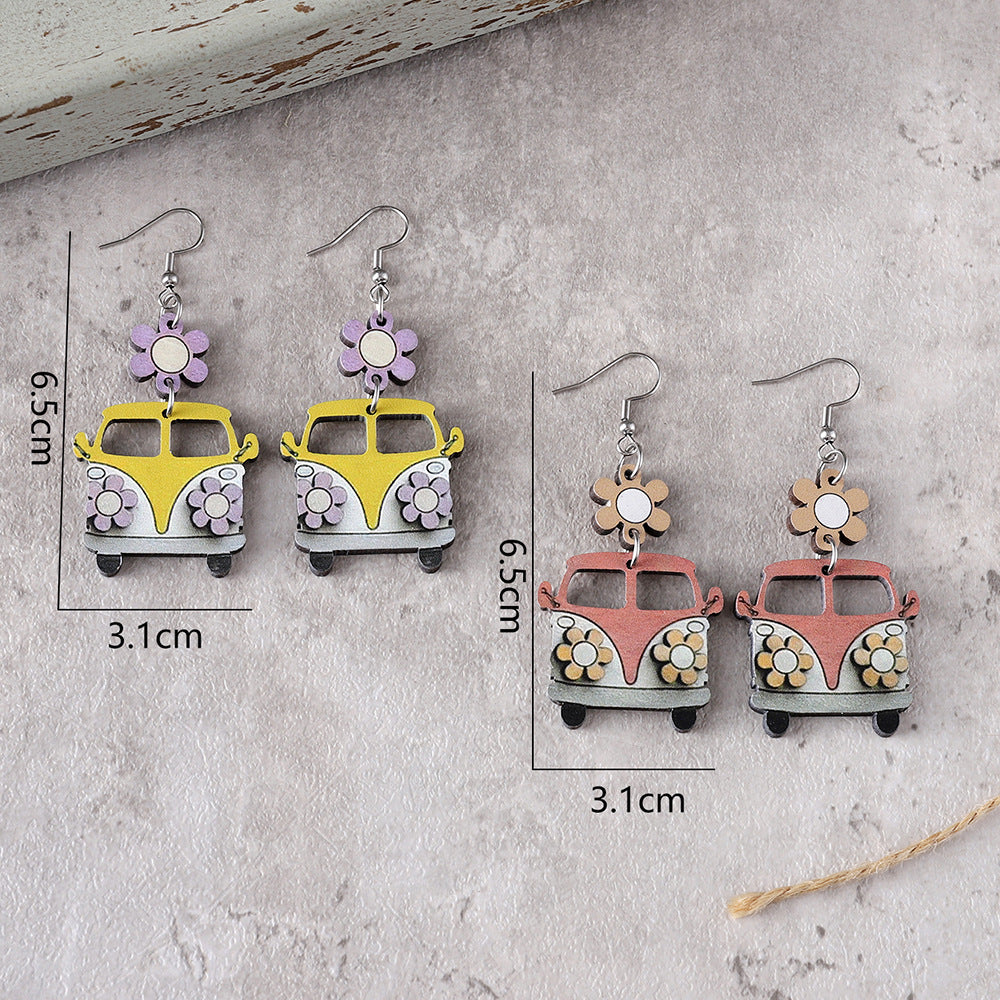 Wholesale Teacher's Day Back To School Season Flower School Bus Wooden Earrings